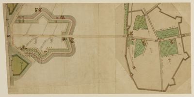 216153 Plattegronden van het hoornwerk buiten de Wittevrouwenpoort en een kroonwerk rondom de Gildpoort, beide gelegen ...